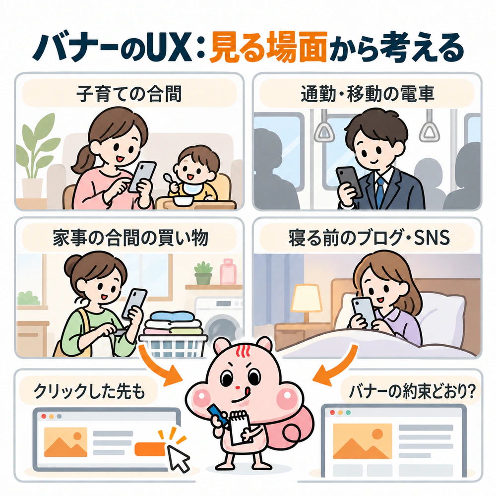 子育ての合間、電車での移動中、家事の合間、寝る前というバナーを見る4つの場面と、クリック先が約束どおりか確認するUXの視点を示す図
