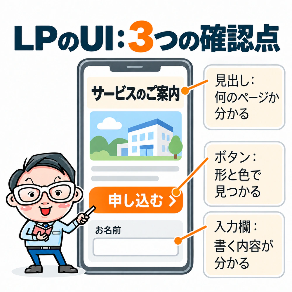 LPのUIで確認する、内容が伝わる見出し、見つけやすい申し込みボタン、書く内容が分かる入力欄の3点