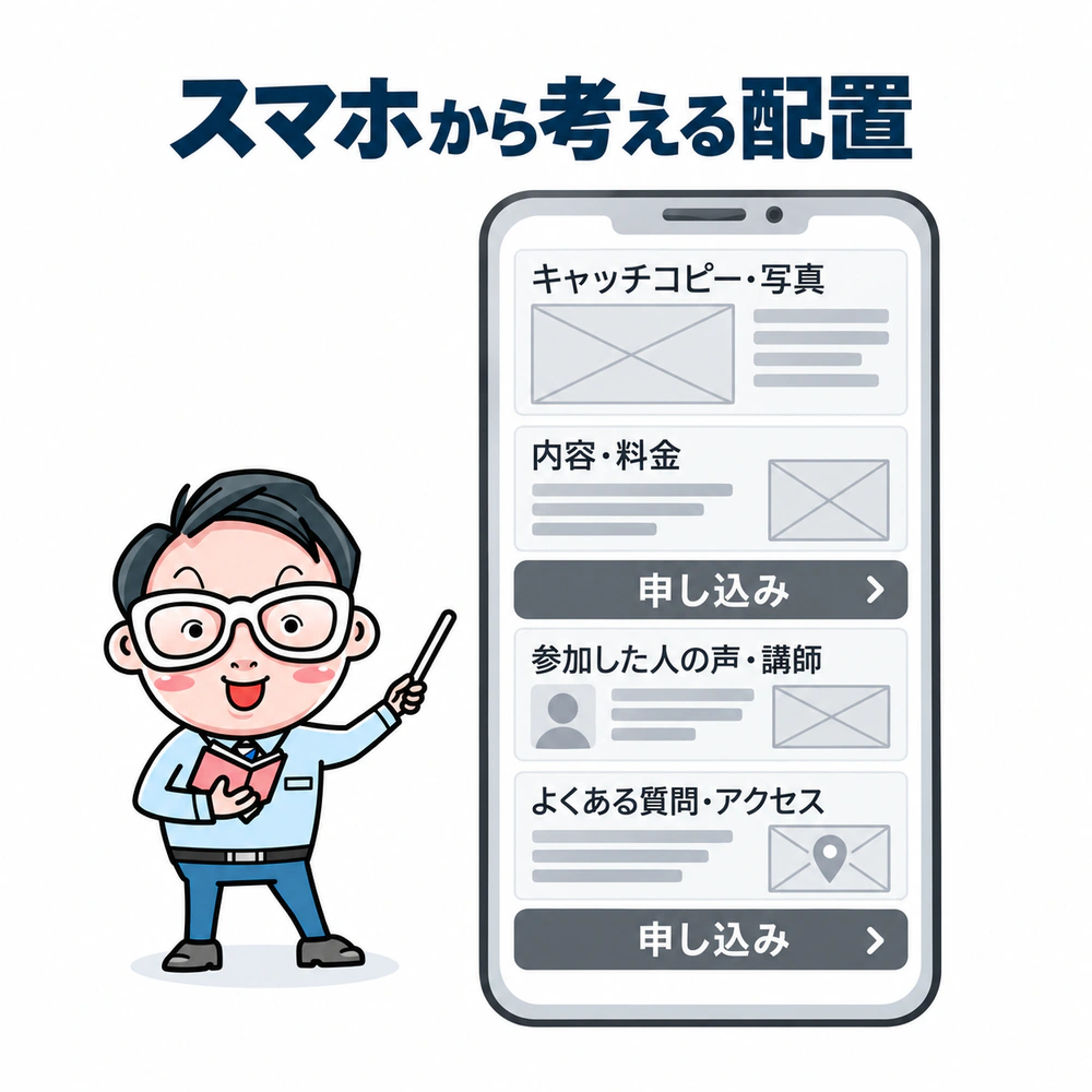 料理教室LPのワイヤーフレーム例。上からキャッチコピーと写真、内容と料金、参加者の声と講師紹介、よくある質問とアクセスを並べ、申し込みボタンを途中と最後に置く。