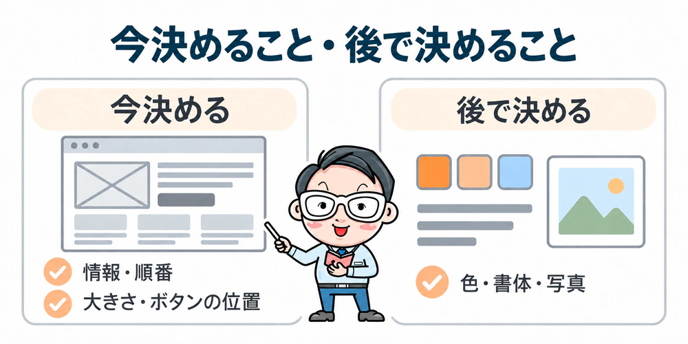 ワイヤーフレームで今決めるのは載せる情報、順番、大きさ、ボタンの位置。色、書体、写真の選定は後回しにする比較図。
