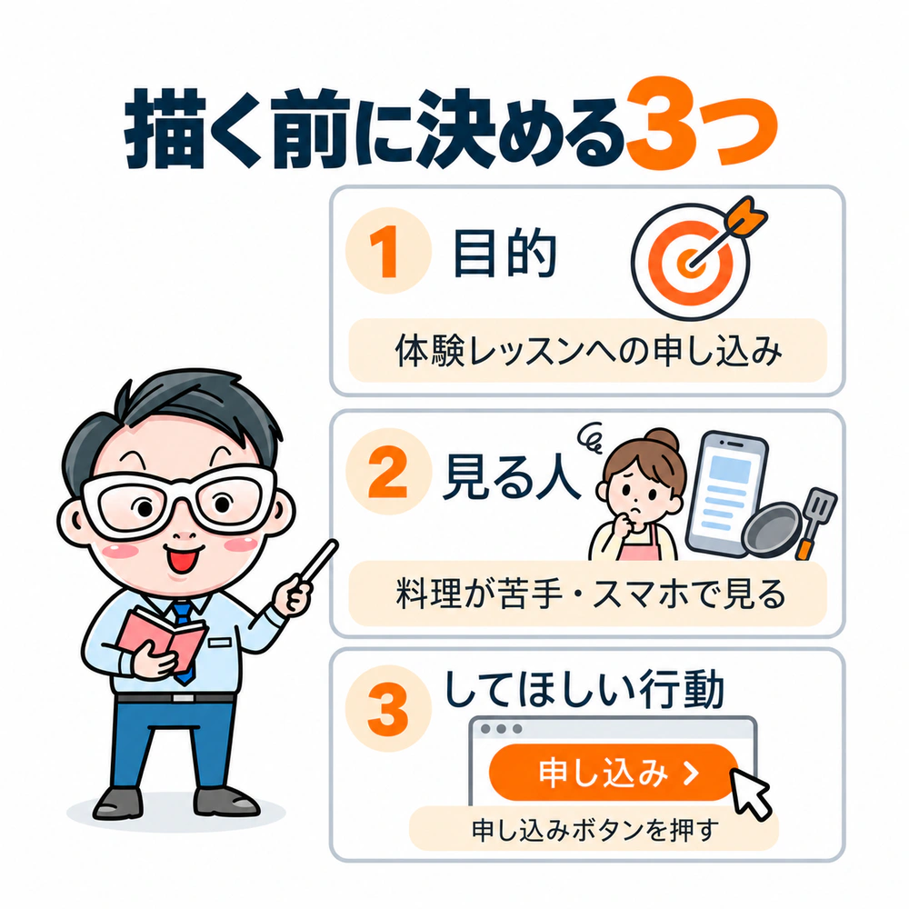 料理教室LPを例に、制作前に目的は体験レッスンへの申し込み、見る人は料理が苦手でスマホから見る人、してほしい行動は申し込みボタンを押すこと、と整理した図。