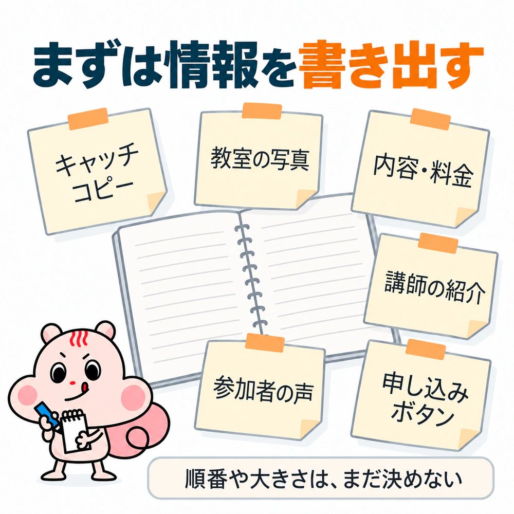 料理教室LPに載せるキャッチコピー、教室の写真、内容・料金、講師の紹介、参加者の声、申し込みボタンを、順番や大きさを決めずに書き出す例。