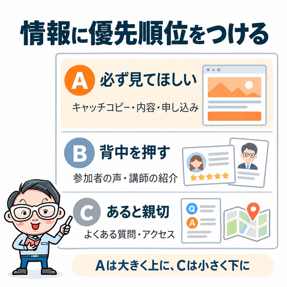 料理教室LPの情報を、Aは必ず見てほしい情報、Bは迷う人の背中を押す情報、Cはあると親切な情報に分類。Aを大きく上に、Cを小さく下に置く目安を示す。