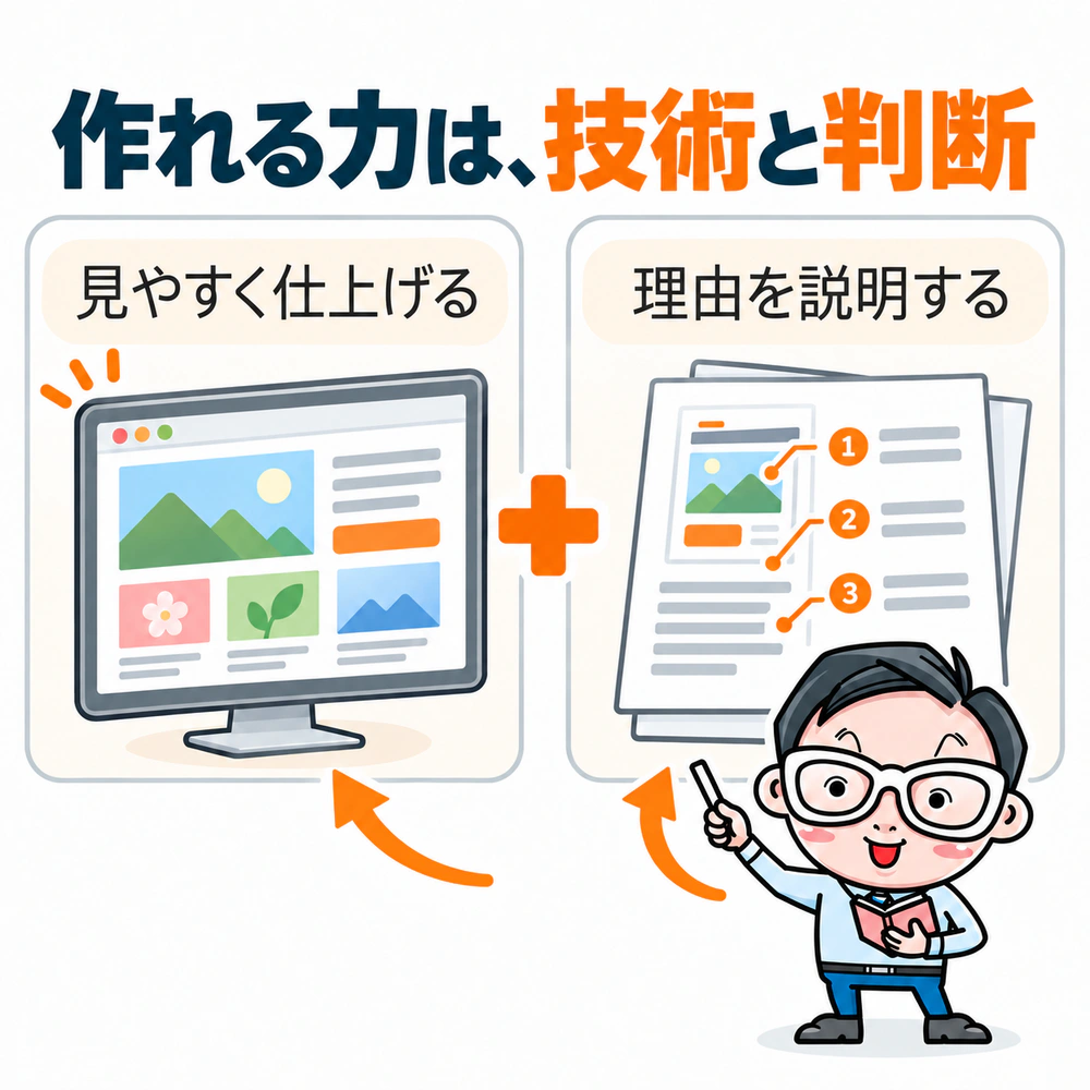 Webデザインを最後まで仕上げる力は、余白や文字を整える技術と、なぜその形にしたかを説明する判断の両方で成り立つことを示す図。