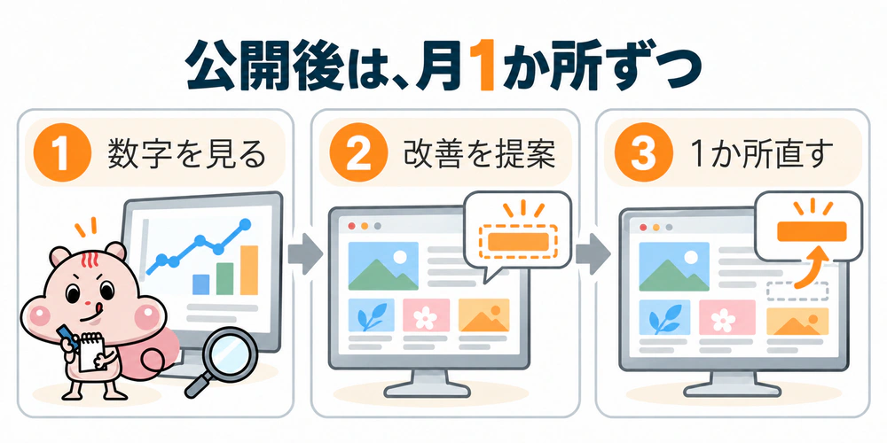公開後の数字を確認し、改善を提案して、月に1か所ずつ直す流れ。まとめて変更せず、どの変更が効いたか分かるようにする。