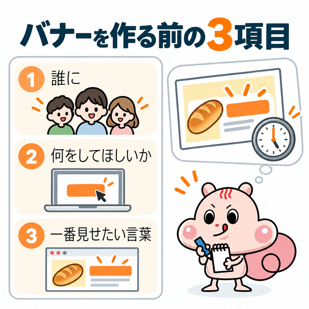 パン屋のタイムセールのバナーを作る前に、誰に見てほしいか、何をしてほしいか、一番大きく見せる言葉の3項目を決めるチェックリスト。
