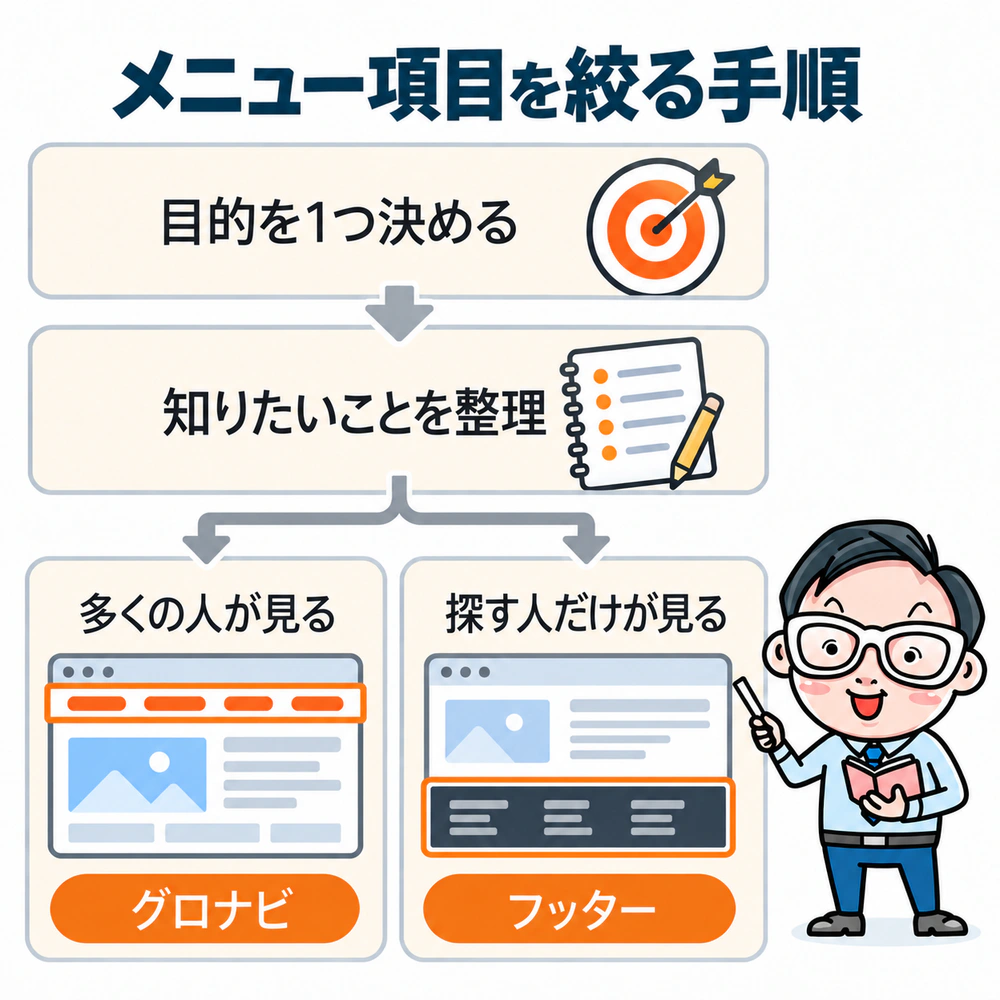 サイトの目的を1つ決め、読者が知りたいことを整理し、多くの人が見るページをグロナビへ、探す人だけが見るページをフッターへ分ける手順。