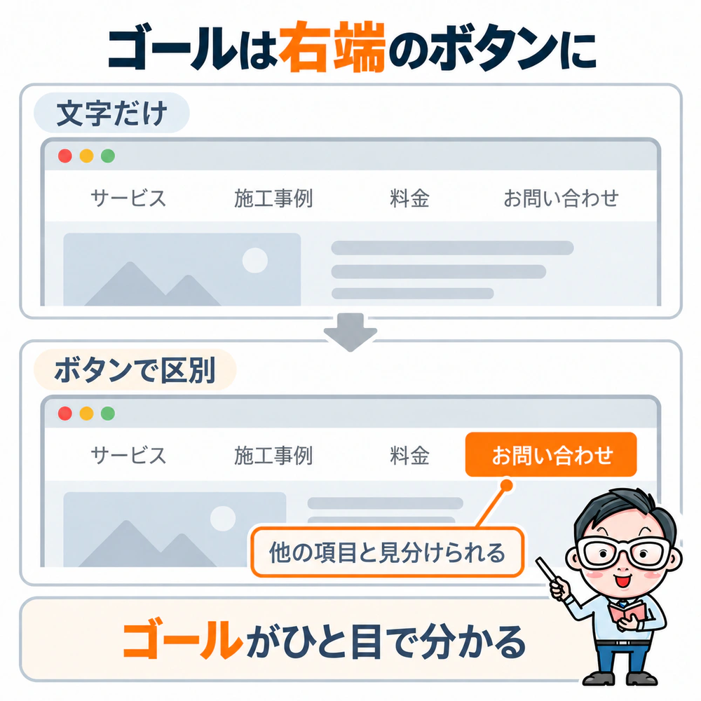 右端のお問い合わせを文字だけで表示した場合と、ボタンの形で他のメニュー項目と区別した場合の比較。