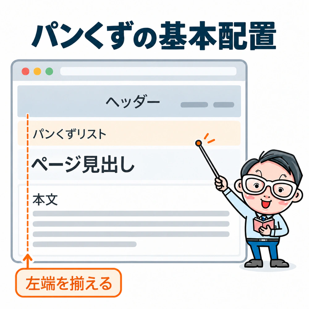 ヘッダー、パンくずリスト、ページ見出し、本文の順に並べ、パンくずと見出しの左端を揃えた配置図