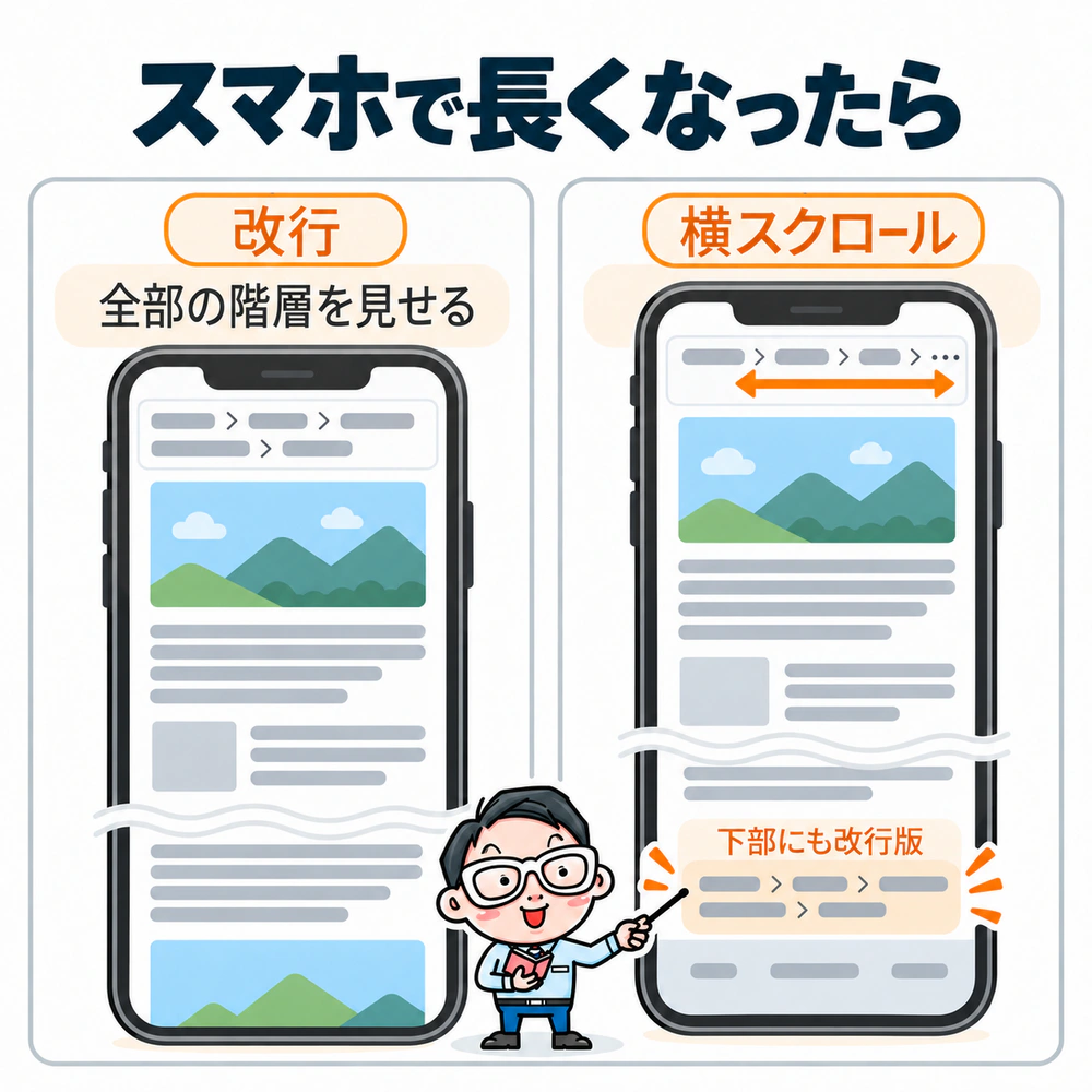 スマホのパンくずを改行して全階層を表示する方法と、横スクロールにしてページ下部にも改行版を置く方法の比較図