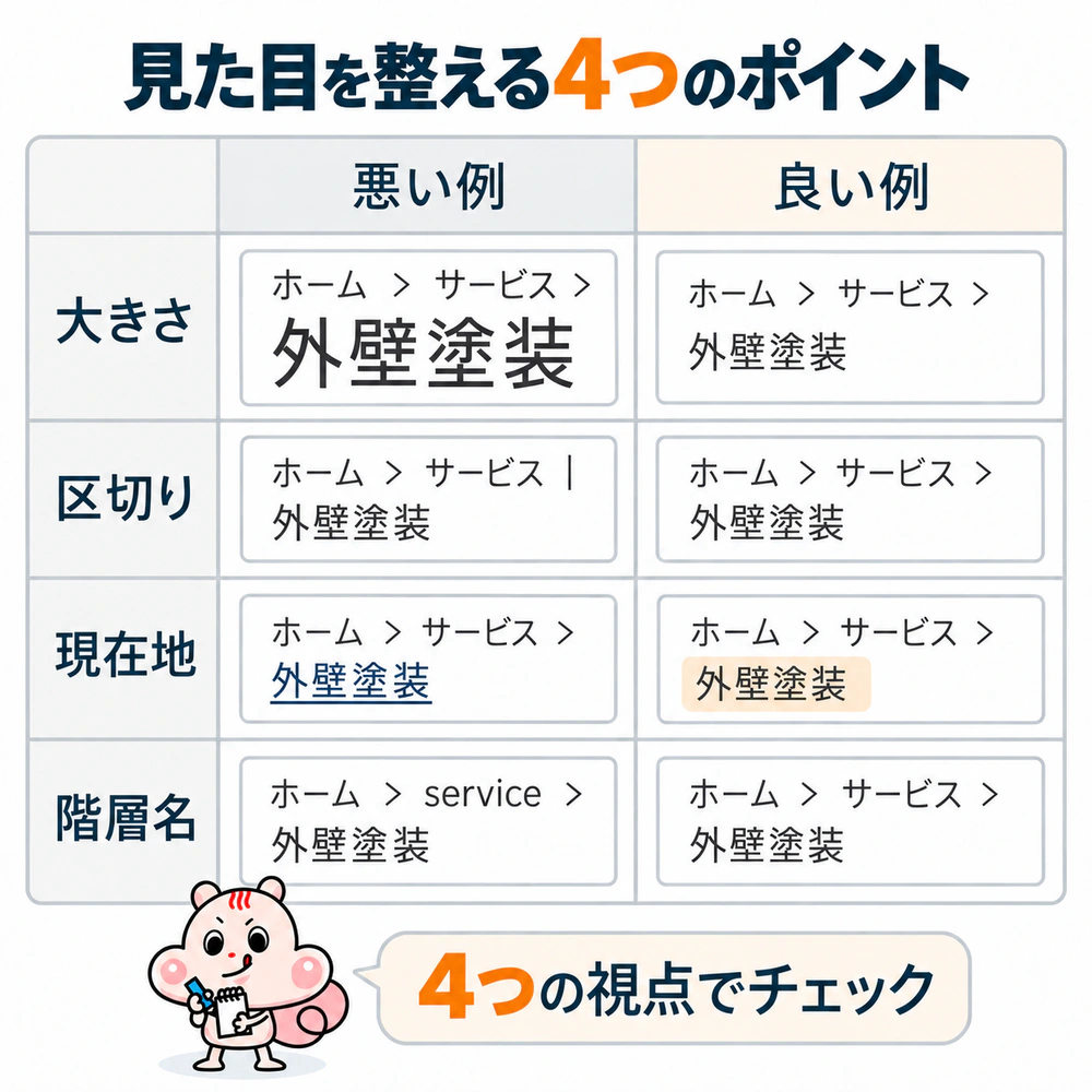 パンくずリストの大きさ、区切り記号、現在地、階層名を悪い例と良い例で比較した図
