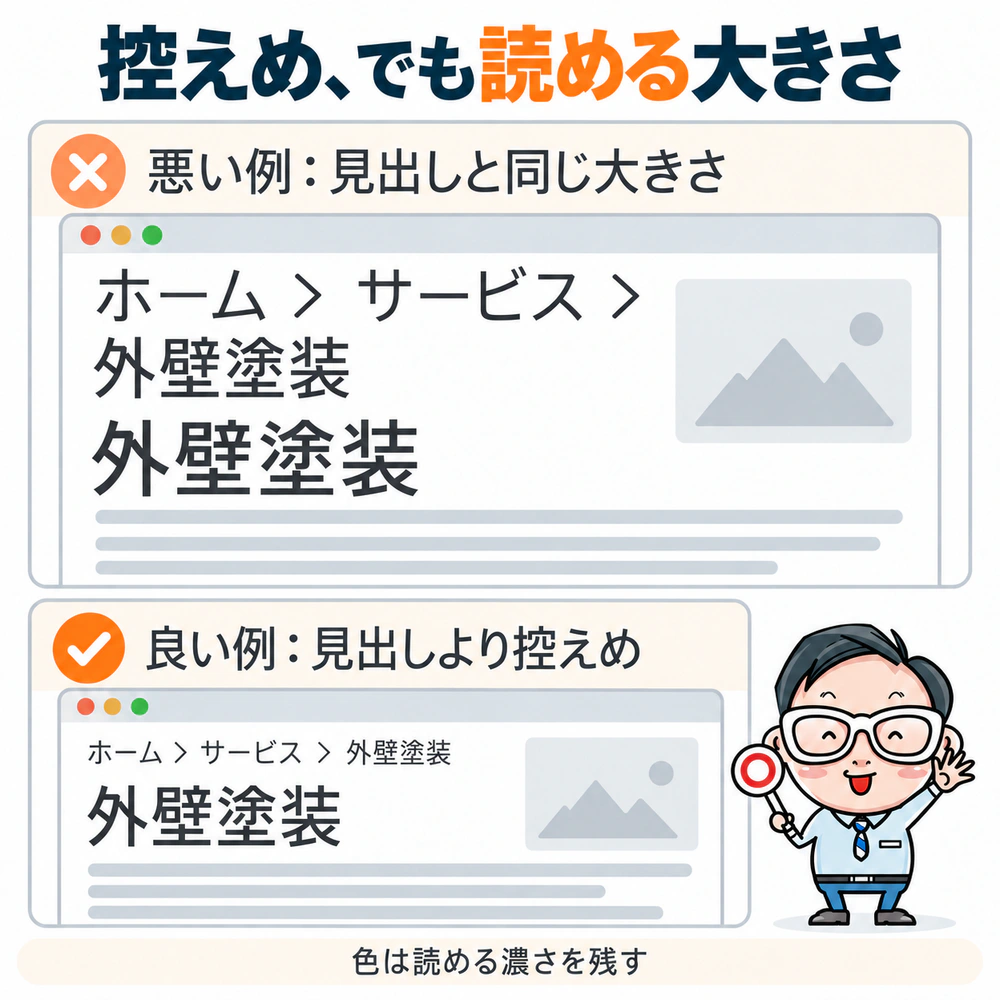 見出しと同じ大きさのパンくずと、見出しより控えめで読める大きさのパンくずの比較図