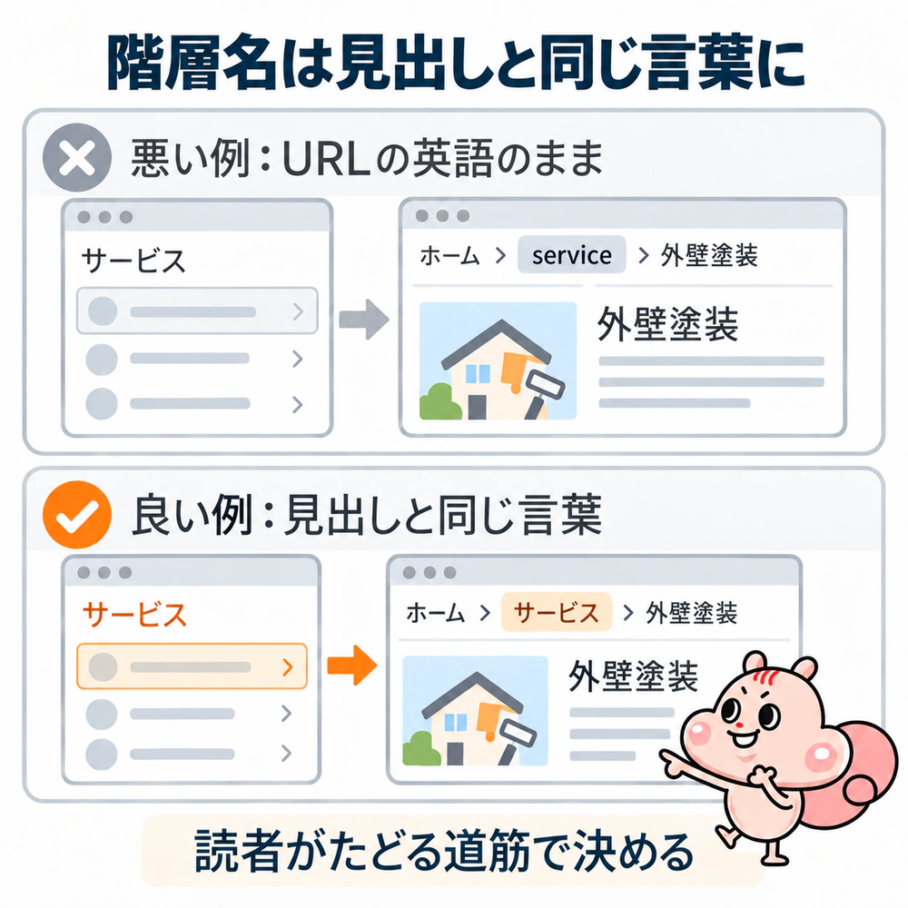パンくずにserviceと書く例と、ページ見出しに合わせてサービスと書く例の比較図
