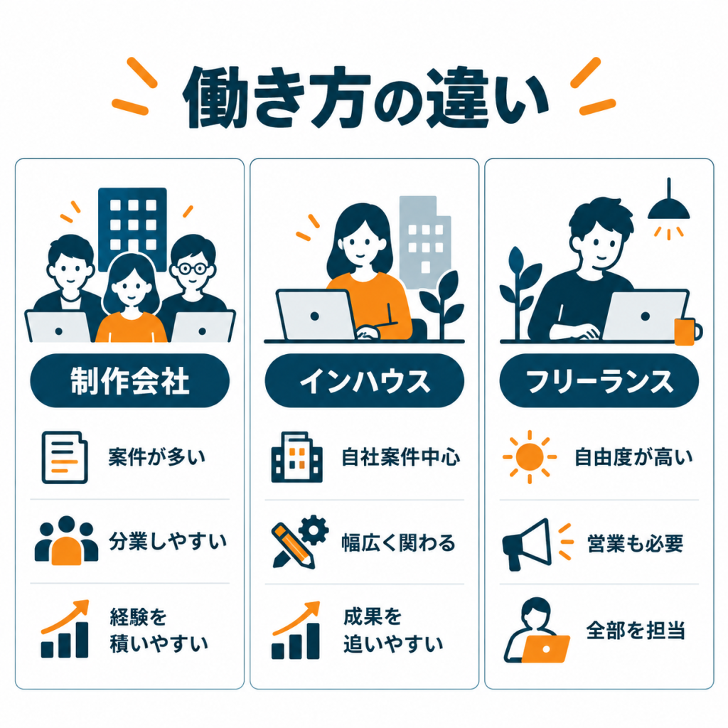制作会社・インハウス・フリーランスのWebデザイナーの働き方の違いを比較した図