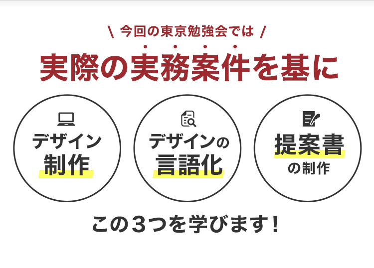 今回の東京勉強会では実際の実務案件を基に３つの内容を学びます